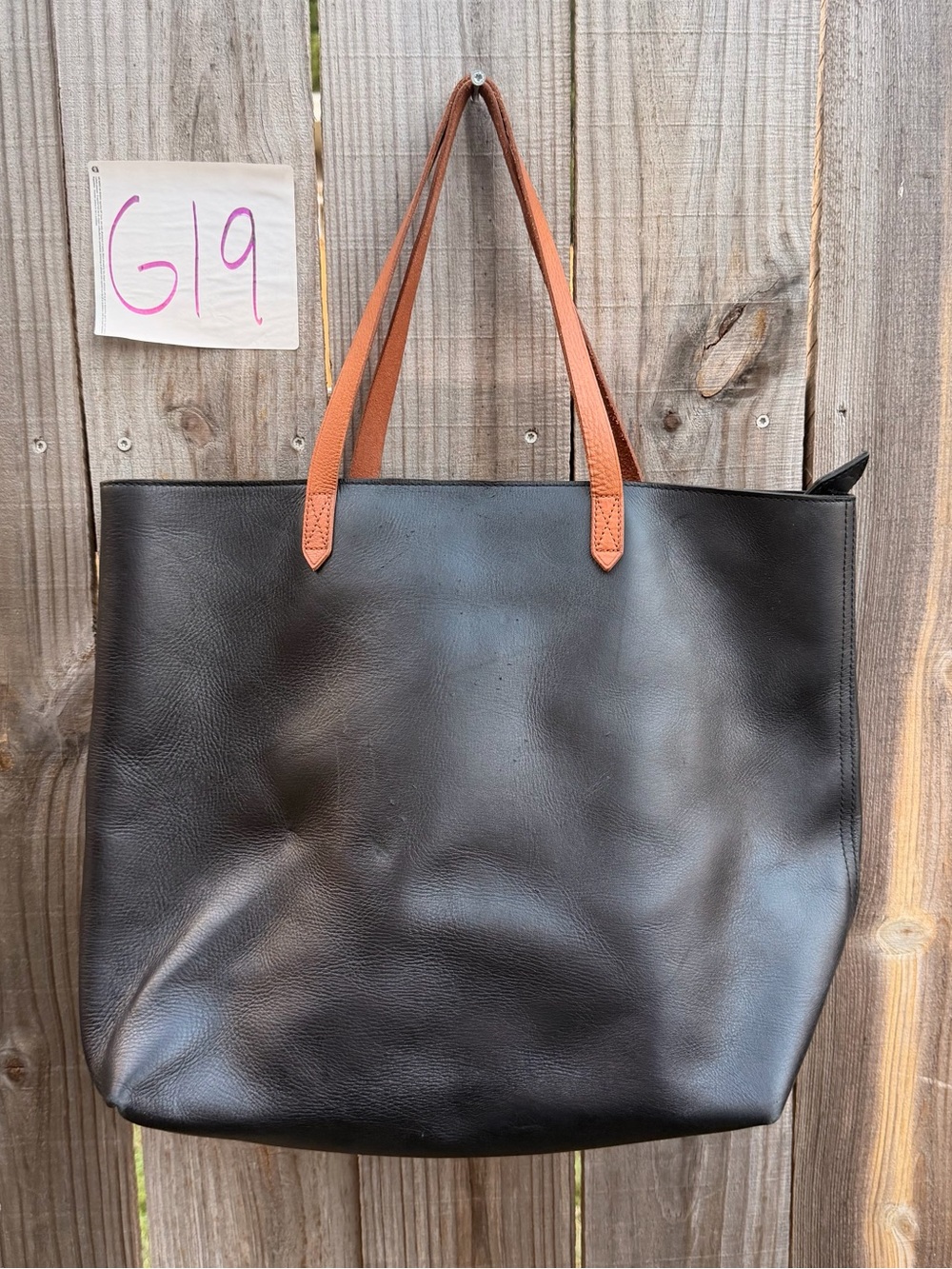 Madewell Black Leather Tote with Tan Handles Transport Tote